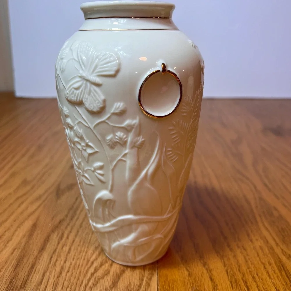 Belleek Collectors Society Butterfly Vase Irish Porcelain Embossed Floral Gold